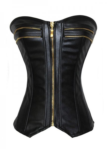 Black Leather Gothic Overbust Corset With Front Zipper
