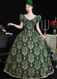 Medieval Vintage Green V-Neck Short Sleeves Embroidery Masquerade Ball Dress