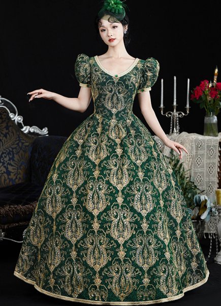 Medieval Vintage Green V-Neck Short Sleeves Embroidery Masquerade Ball Dress