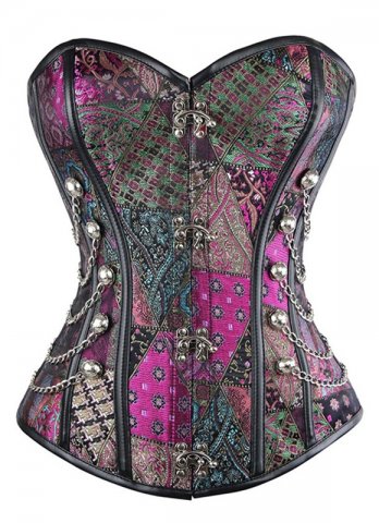 Colourful Brocade Steampunk Overbust Corset with Chains