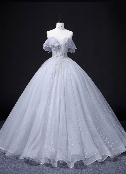 Off The Shoulder Gray Formal Dress with Ruffles Neck