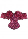 Red Lips Printed Ruffled Sleeves Overbust Corset with Off Shoulder Collar