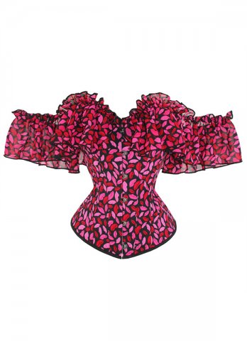 Red Lips Printed Ruffled Sleeves Overbust Corset with Off Shoulder Collar
