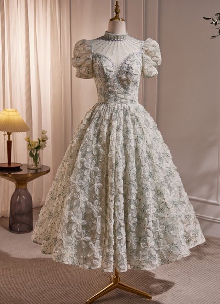 Unique Hight Neck Tulle Lace Tea Length Prom Formal Dress