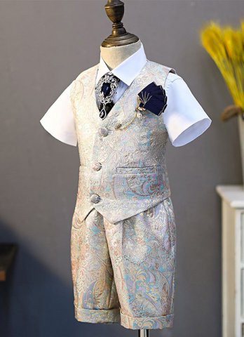 Vintage Brocade Jacquard 5 Piece Kids Boys Formal Blazer Vest and Pants Dress Suits Set