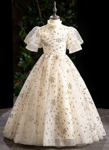 Children Girls Puff Sleeve Glitter Tulle Stage Show Graduation Dress