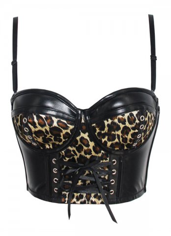 Black Leather Spaghetti Strap Leopard Print Corset With Cups