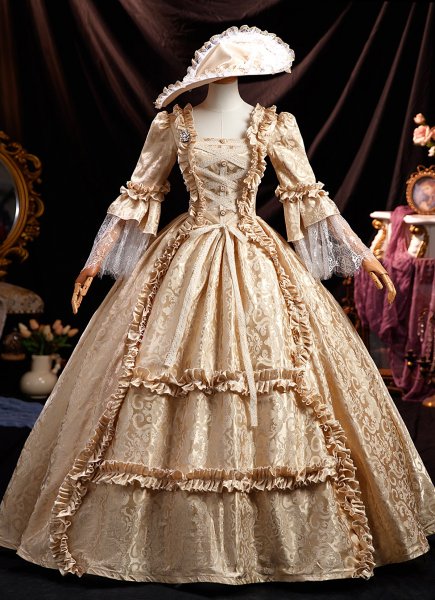 Elegant Renaissance Vintage Champagne Jacquard Floral Pattern Masked Ball Gown Prom Dress Lace Half Sleeve Long Victorian Formal Dress