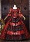 Vintage Red Floral Brocade Long Sleeves Tiered Ruffles Floor Length Masquerade Party Dress