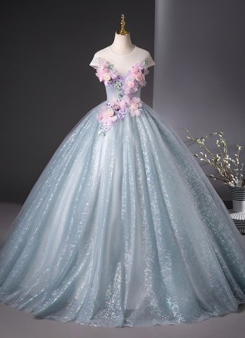 Women light Blue Applique Flower Glitter Tulle Long Prom Dress
