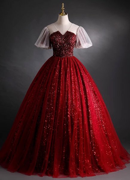 Burgundy Sequin Tulle Long Prom Dress