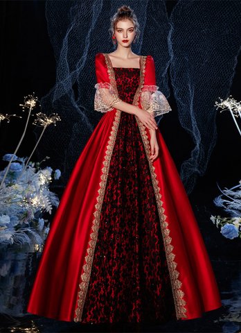 赤いロココバロックプリンセスドレスバースデーパーティーボールガウン女性クリスマス再現コスチューム