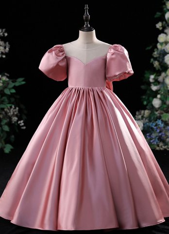 Girls Pink Big Bow Satin Birthday Party Formal Dress