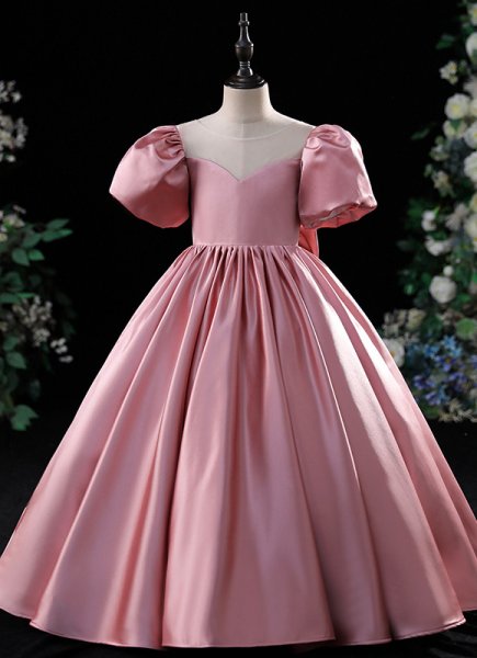 Girls Pink Big Bow Satin Birthday Party Formal Dress