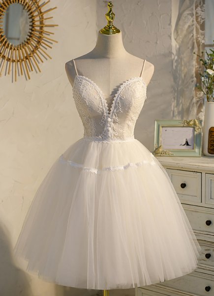 White Deep V-neck Tulle Tutu Homecoming Dress Cocktail Dress for Teens