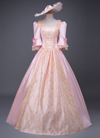 エドワード時代の歴史的な結婚式のプリンセスドレスサザンベルウエディングドレスビクトリア朝のマリーアントワネットボールガウンピンクのドレス
