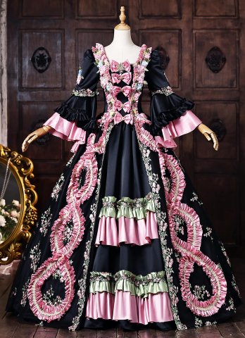 Customize Rococo Black Floral Printed Satin Masquerade Dress Pink Ruffle Trim Bow Accents Lolita Costume