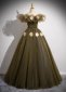Deep Green Gorgeous Off Shoulder White Rose Applique Tulle Formal Dress
