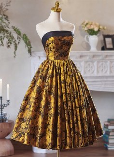 Yellow Vintage Off-the-Shoulder Jacquard Brocade Prom Homecoming Dress