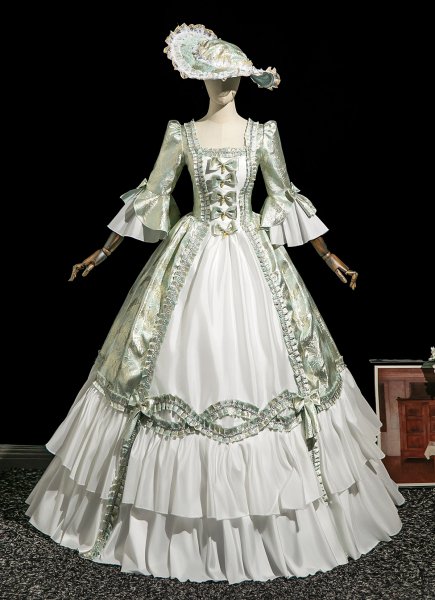 Noble Rococo Baroque Renaissance Light Green Masked Prom Dress Square Neckline Half Sleeves Pearl Bow Long Party Dress With Hat