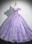 Purple Sequin Applique Off Shoulder Neck Tulle Party Formal Dress