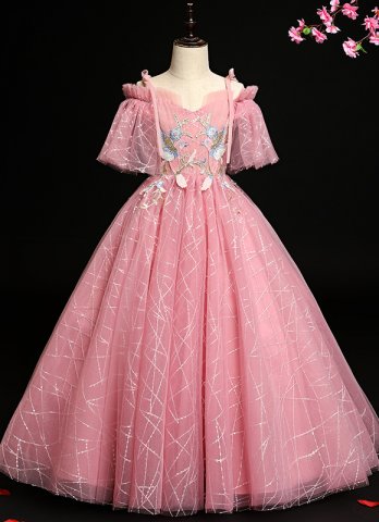 Girls Pink Spaghetti Strap Ruffle Shoulder Tulle Prom Dresses