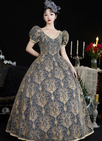 Medieval Vintage Gray V-Neck Short Puff Sleeves Masquerade Party Dress