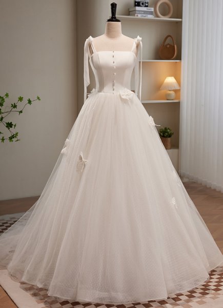 Brides Simple White Ball Gown Satin Off the Shoulder Lace-up Wedding Dress