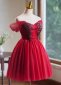 Burgundy Off the Shoulder Sequin Bead Mini Tulle Dress