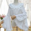 Korean Style Lace Collar Long-Sleeved Flared Sleeves Sweet Lolita Lace Crewneck Elastic Chiffon Shirt Top