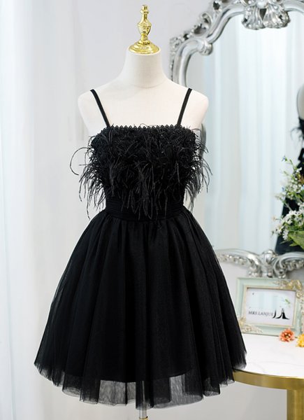 Black Spaghetti Straps Feather Mini Cocktail Club Dress