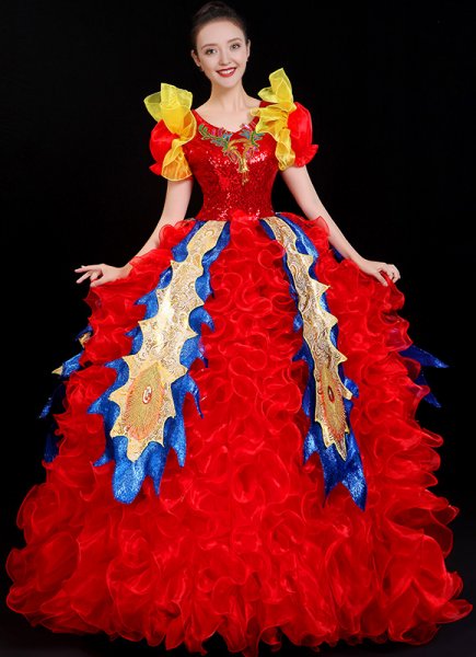 Red Tulle Ruffled Fun Party Dresses Mardi Gras Cosplay Formal Costume