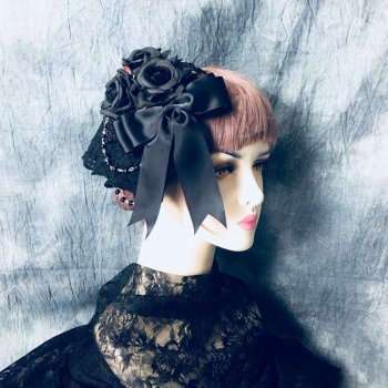 ゴシックロリータヴィンテージブラックヘッドドレスレースフラワーヘアピンヘッドドレス