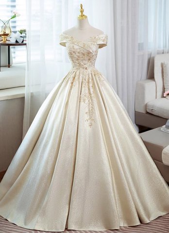 Shiny Champagne Off Shoulder Sequin Evening Dress