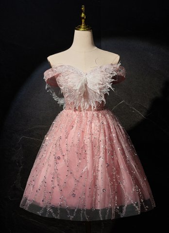 Pink Off Shoulder Sparkly Sequin Mini Formal Dress