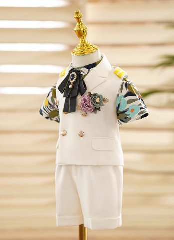 Boy Beach style Wedding Outfit Kids 4 Pieces Suits Shirt Shorts Vest and Bow Tie