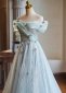 Light Blue Off The Shoulder Applique Tulle Evening Dress