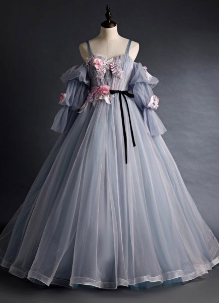 Gray Off The Shoulder Long Sleeves Spaghetti Straps Prom Dress