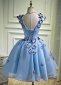 Deep V Neck Blue Mesh Butterfly Applique Short Party Dresses 1