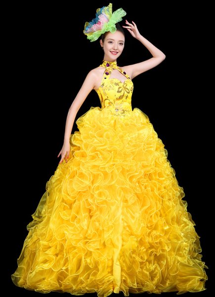 Yellow Halterneck Women Tulle Tutu Dance Dresses Flower Bud Stage Dress up