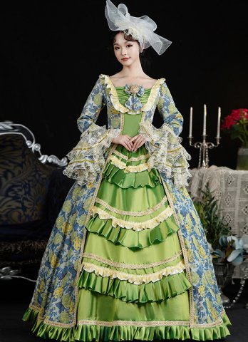 Vintage Green Floral Tea Party Dress Women Masquerade Gown