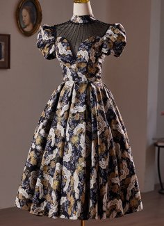 Black Mock Neck Brocade Sexy Evening Party Dress