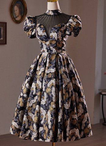 Black Mock Neck Brocade Sexy Evening Party Dress