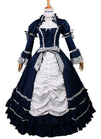 ヴィンテージダークブルーとホワイトのルネッサンスビクトリア朝のドレスガウン