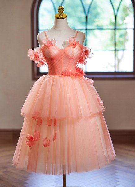 Custom-Made Applique Orange Spaghetti Straps Short Cocktail Dresses