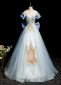 Deep V Neck Light Blue Beading Tulle Holiday Dress With Flower