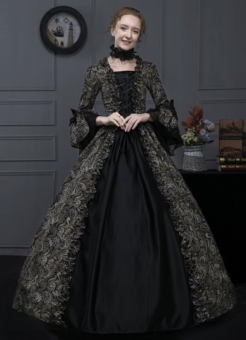Women Coffee Floral Patterns Cotton Victorian Dresses Gown Renaissance Masquerade Vampire Cosplay Costume