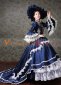 Navy BlueLong Flare Sleeves Lace Vintage Rococo Wedding Bustle Ball Gown with Hat 3