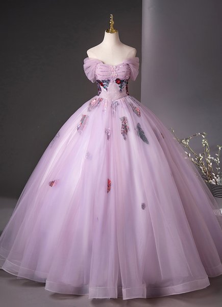 Girls Purple Off the Shoulder Tull Mesh Homecoming Dress