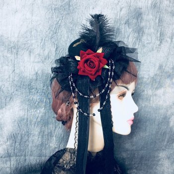 ゴシックブラックフェザーフラワーレース魅惑的な帽子ヴィンテージチェーンヘアピンクリップヘッドドレス